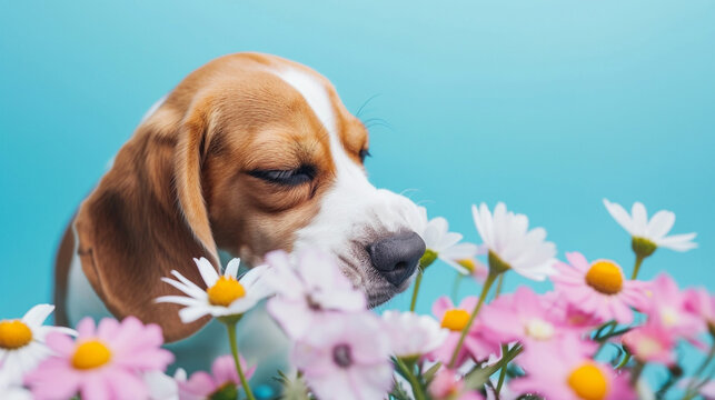 A dog sniffs a aromatic flower on a blue isolated background with space for text. The concept of allergy to pollen, animals, pets, dogs, seasonal allergies. flowers as a gift. 