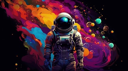 Astronauta stoi przed kolorowym tłem galaktyki z planetami - obrazy, fototapety, plakaty