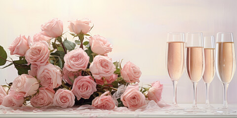 A group of glasses of sparkling wine or champagne with a bouquet of pink roses on the table. Spring promotional banner of alcoholic beverages.