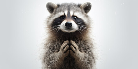 A cute raccoon stands with his paws folded on a white background.