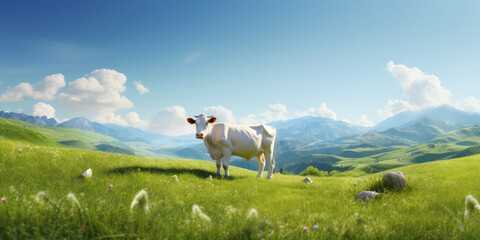 A white cow grazes on a spring green meadow with a mountain landscape.