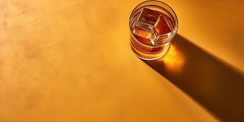 Top view of a whiskey or scotch glass with an ice cube casting a shadow on an orange background. Alcoholic drinks banner mockup with empty space for product placement.