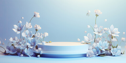 Round pedestal or podium with flowers decoration on a blue background. Spring banner mockup with empty space for product placement.