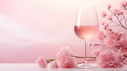 Glass of rose wine with carnation flowers on the table. Spring alcoholic drinks banner layout.