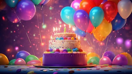 W obrazie widoczny jest tort urodzinowy otoczony balonami i konfetti.