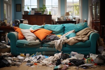 Messy living room interior. Dirty sofa and chaos on floor - 733434728
