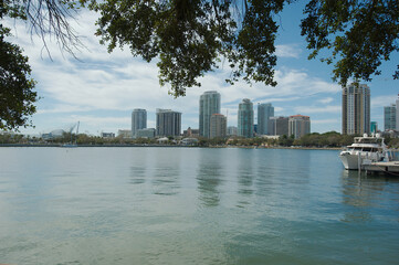 Cityscape of water with tall buildings on a sunny day with boats in the foreground. With a blue sky on a sunny day at the Vinoy  Basin waterfront in St. Petersburg, Florida. Trees in foreground top.