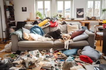 Messy living room interior. Dirty sofa and chaos on floor - 733434732