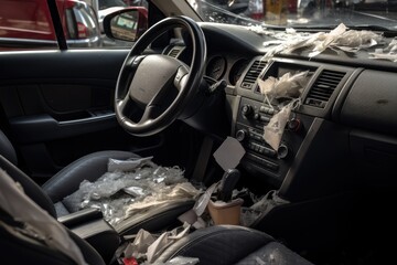 dirty old car interior , carpet on the footwell has trash,food waste