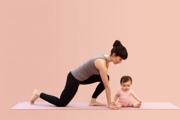 Young mother practicing yoga at home with her infant kid - 733434907