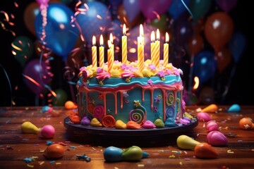 Colorful birthday cake with burning candles. Balloons at the background. Party mood. AI Generated