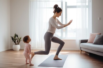 Young mother practicing yoga at home with her infant kid - 733434923