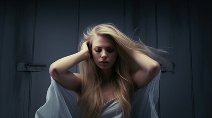 Kobieta o długich blond włosach stoi w ciemnym pokoju z problemami na głowie - obrazy, fototapety, plakaty