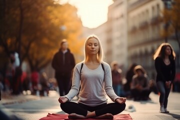 Woman Yoga Relaxing in a Crowded Street - 733434942
