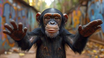 Szympans uspokaja odbiorcę, widza. Gest pokoju i spokoju - obrazy, fototapety, plakaty