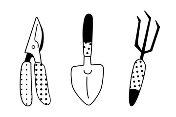 Gardening tools line art set featuring pruning shears, trowel, and fork on a white background. Gardening and horticulture concept for design, educational materials, and DIY project instructions