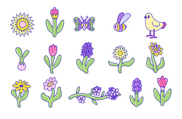 Spring nature icons set with flowers, bee, and bird. Vector illustration in doodle style. Seasonal flora and fauna concept for design and print