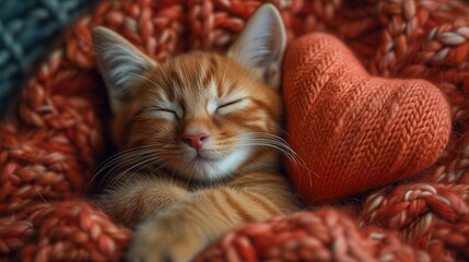 Słodki rudy kotek leży na kocu robionym na drutach obok poduszki serca własnoręcznie zrobionej - obrazy, fototapety, plakaty