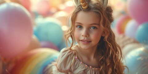 Fototapeta na wymiar Süßes Mädchen feiert mit vielen Luftballons in Regenbogen Farben zum Geburtstag mit einem Einhorn, ai generativ