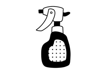 Black and white illustration of a spray bottle on a white background. Cleaning supplies concept. Design for print, icons, and instructional materials