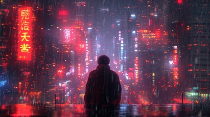 Mężczyzna stoi nocą w deszczu przed miastem pełnym neonów, bilbordów i świateł