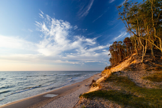A view of the Baltic cliff in Orzechowo during sunset