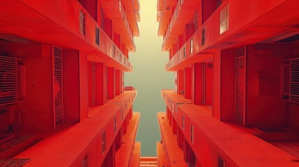 Fotografia przedstawia wąską uliczkę z czerwonymi budynkami i okiennicami. - obrazy, fototapety, plakaty