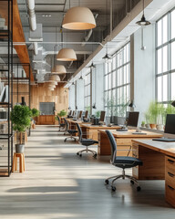 Empty modern bright open space business office with wooden furniture, computers, glass partitions, plants is flooded with sunlight