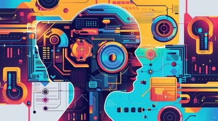 Vector illustration depicts a hi-tech digital technology and engineering theme, showcasing futuristic elements, intricate designs, and advanced machinery