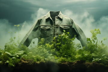 Sustainable clothing technologies. A photo of a green denim shirt rising above the green rain forest  in a humid  environment - obrazy, fototapety, plakaty