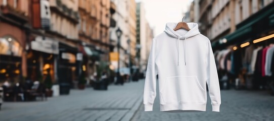 White mockup sweatshirt lay on hanger on city street - 733435500