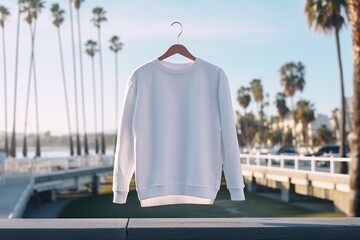 White mockup sweatshirt lay on sandy beach of sea or river - 733435505