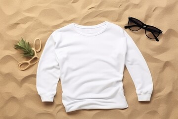 White mockup sweatshirt lay on sandy beach of sea or river - 733435507