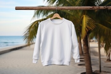 White mockup sweatshirt lay on sandy beach of sea or river - 733435508