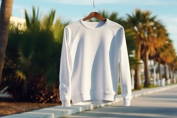 White mockup sweatshirt lay on hanger on city street - 733435511
