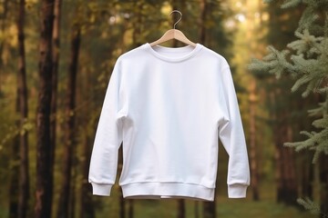 Empty white mockup of sweatshirt on hanger on tree - 733435515