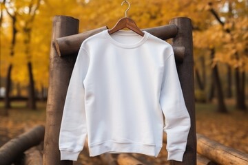 Empty white mockup of sweatshirt on hanger on tree - 733435516