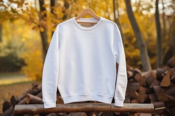 Empty white mockup of sweatshirt on hanger on tree - 733435517