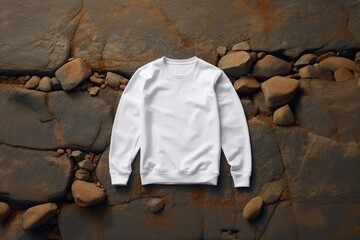White mockup sweatshirt lay on rocks on beach of sea or river - 733435521