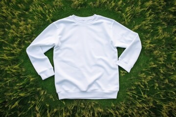 Empty white mockup of sweatshirt lay on grass - 733435525