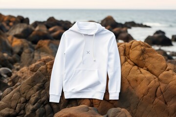 White mockup sweatshirt lay on rocks on beach of sea or river - 733435527