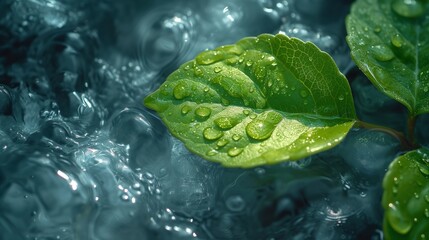 Tapeta jako zielony liść pokryty kroplami wody. - obrazy, fototapety, plakaty