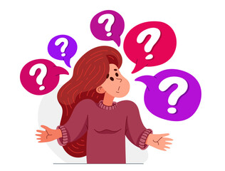 Young woman having a doubt and question, vector illustration of a person who is hesitating and thinking about some problem, decide uncertainty.