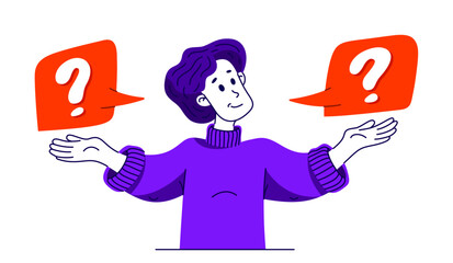 Young man having a doubt and question, vector illustration of a person who is hesitating and thinking about some problem, decide uncertainty.