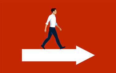 Business man going ahead to his goal with shown direction, vector illustration of a young man business dressed walking straight towards to his aim with hint, career concept.