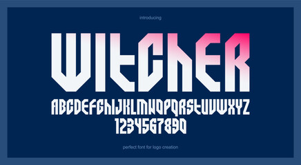 Urban massive geometric font for logos and emblems, minimal strong vector typeface, typography with no round elements, only corners and straight lines geometry.