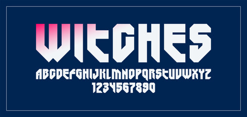 Bold and massive heavy geometric font for logo creation, modern geometrical vector display typeface, typography with no round elements, only corners and straight lines geometry.