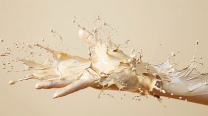 Human hand in beige colors paint splashes. Splashes of colored liquid around a hand