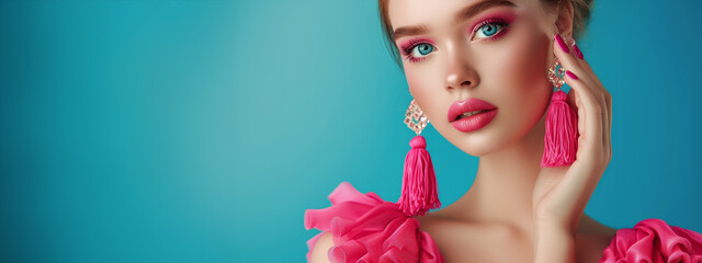 Beautiful model girl with pink fuchsia manicure on nails . Fashion makeup and cosmetics . Large earrings tassels jewelry Magenta color . Luxury fashion style.