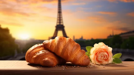 Fototapeten cup of coffee and croissant eiffel tower © Maru_sua